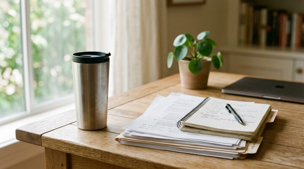 Best Back to School Gifts for Teachers That They Actually Need and Want 12 An insulated stainless steel tumbler sitting beside stacked papers on a desk.