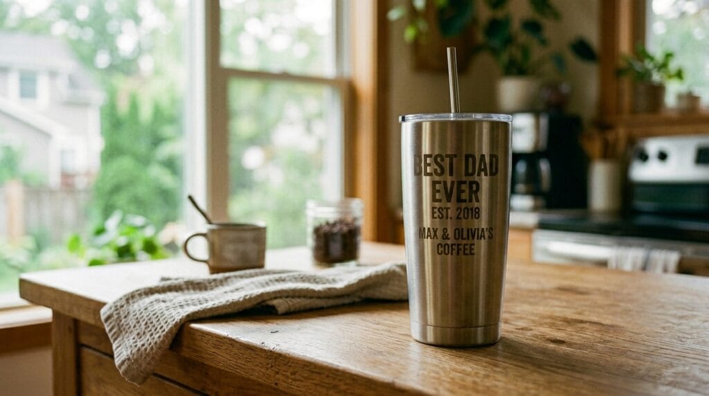 Insulated stainless tumbler with dad text on a wooden countertop in soft morning light