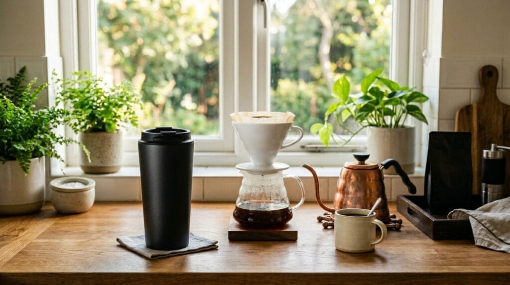 Cheap Father's Day Gift Ideas Under $25 2 Matte black insulated travel tumbler on a kitchen counter in natural morning light.