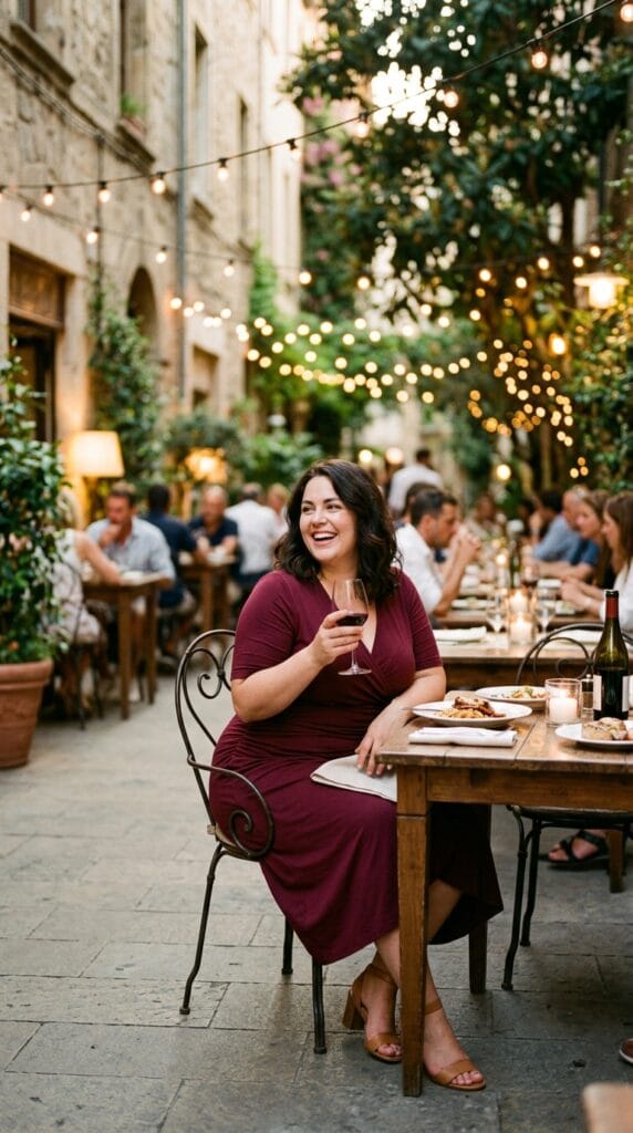 Casual Night Out Outfits for Plus Size Women That Actually Work 3 Plus size woman wearing jersey wrap midi dress with ruched waist at outdoor restaurant