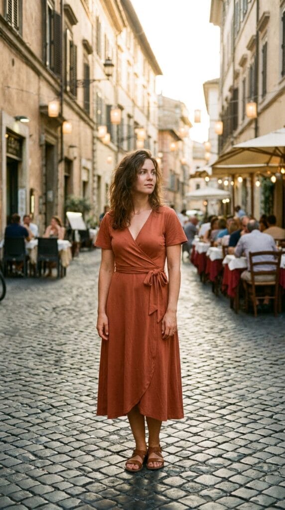 10 Summer Vacation Dresses Packing Guide For Her 2 Woman in terracotta jersey wrap midi dress on cobblestone street, golden hour.