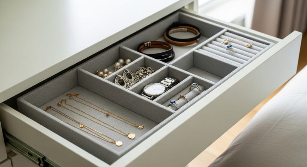 Shallow dresser drawer with jewelry tray organizing necklaces and earrings neatly.