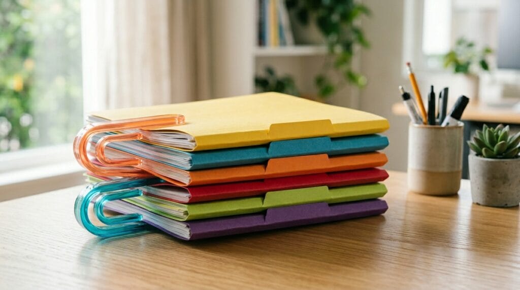 Best Back to School Gifts for Teachers That They Actually Need and Want 5 Jumbo acrylic paper clips holding together colorful folders on a tidy desk.