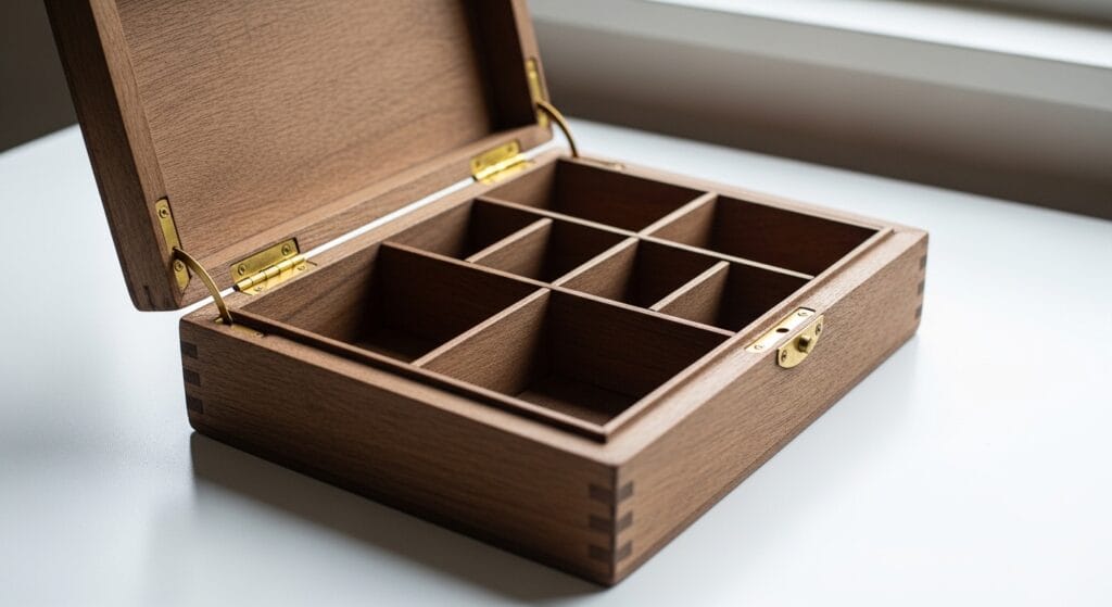 Open wooden keepsake box with structured interior on a white surface in natural light