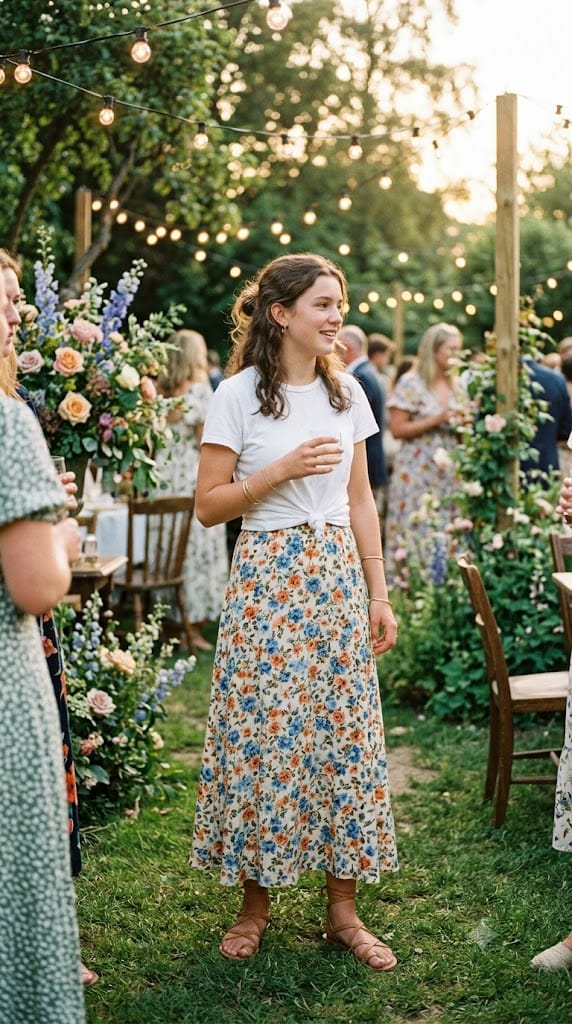 Teen girl in knot-front white tee and floral maxi skirt at summer garden party