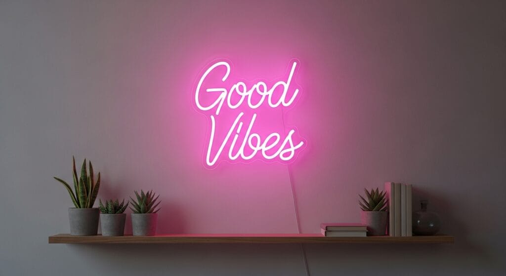Pink LED neon sign glowing softly on a light bedroom wall above a shelf
