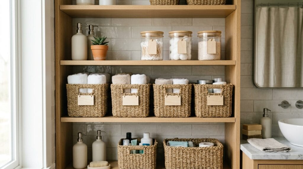 Budget Friendly Bathroom Organization: Full Reset Under $40 10 Clearly labeled containers organizing bathroom supplies across multiple storage zones
