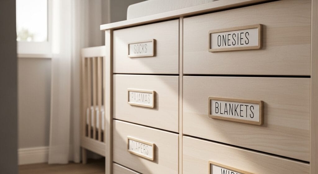 Dresser drawers featuring simple labels indicating contents for quick identification.