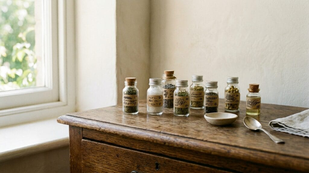 Small labeled storage containers on a dresser surface organized with clearly marked labels