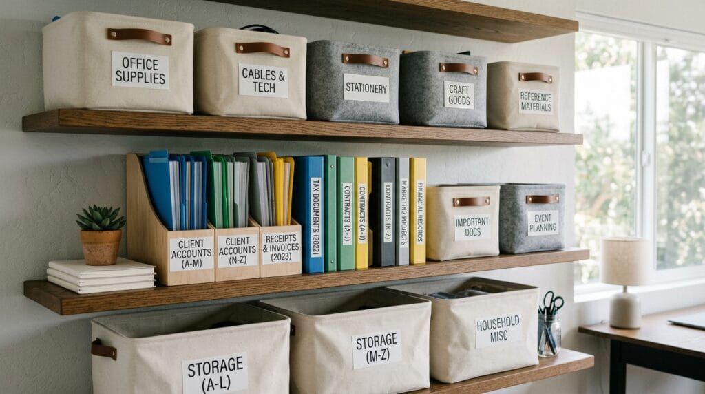 Home Office Organization Ideas: Desk, Closet and Storage 12 Labeled storage bins and folders arranged neatly on an organized office shelf.