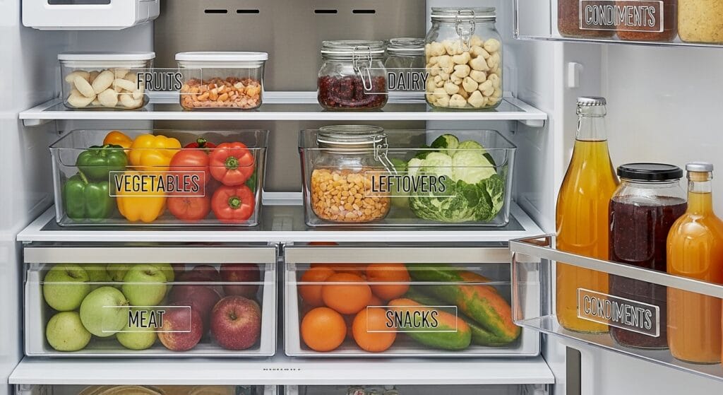 Refrigerator Organization Ideas for a Cleaner Fridge 8 Labeled food containers neatly arranged on a refrigerator shelf with visible tags.
