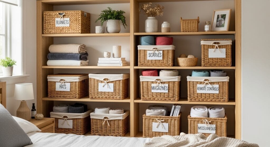 Bedroom Organization Ideas: From Dresser to Closet 7 Open bedroom shelving with labeled woven baskets organizing blankets, accessories, and miscellaneous items.