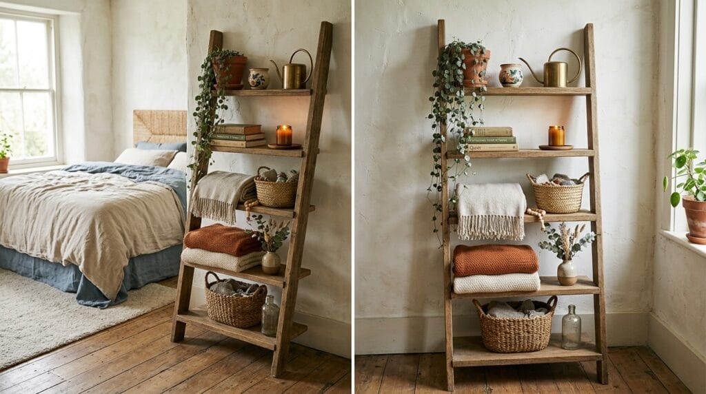 Rustic Bedroom Decor Ideas: Warm, Textured and Inviting 4 Wooden ladder shelf with trailing plants and throws in a warm rustic bedroom.