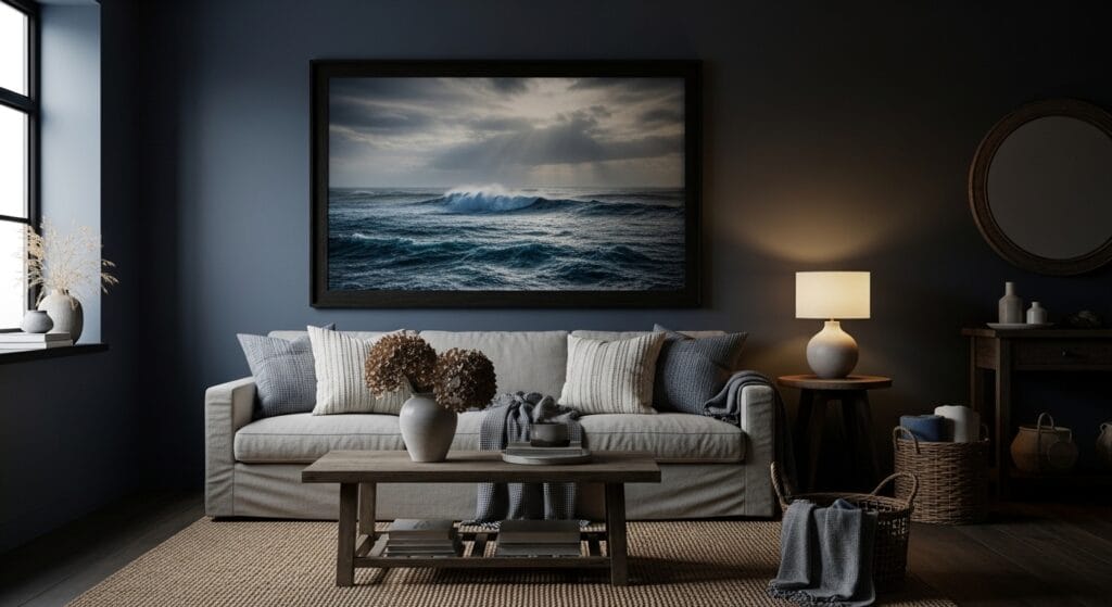 Dark Coastal Living Room: Moody, Dramatic, and Still Totally Beachy 7 Large dark seascape framed print on a navy wall in a moody coastal room.