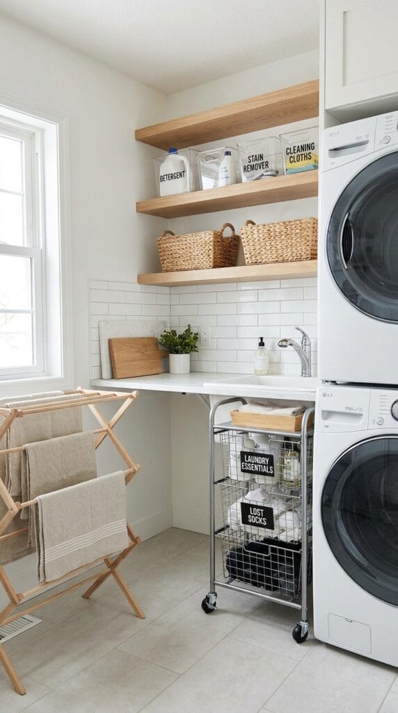 Organized laundry room with shelving, storage bins, baskets, and practical wash day organization solutions.
