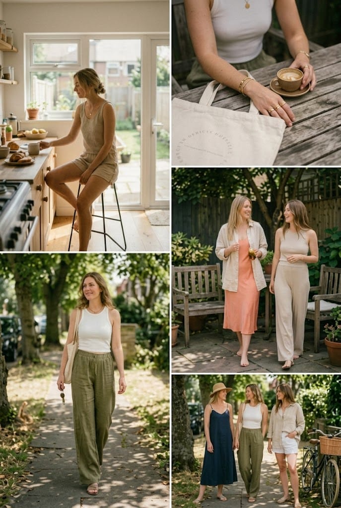 9 Lazy Summer Outfits That Still Look Polished 2 Collection of effortless summer outfits featuring linen pants, matching sets, slip dresses, and casual warm-weather essentials.