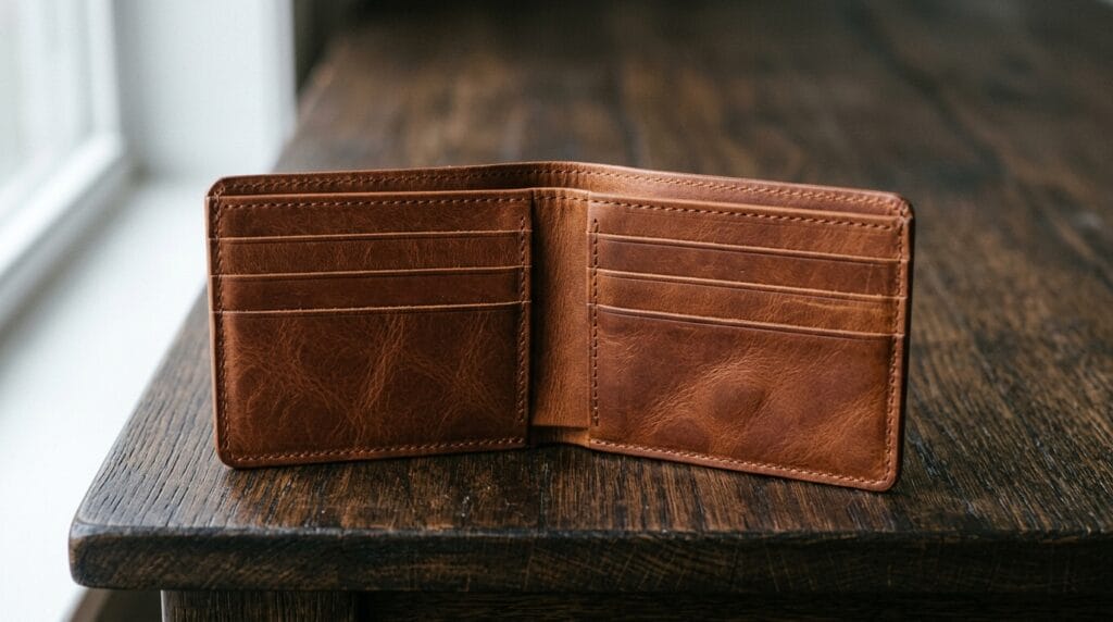 Open leather bifold wallet showing card slots resting on a dark wooden surface