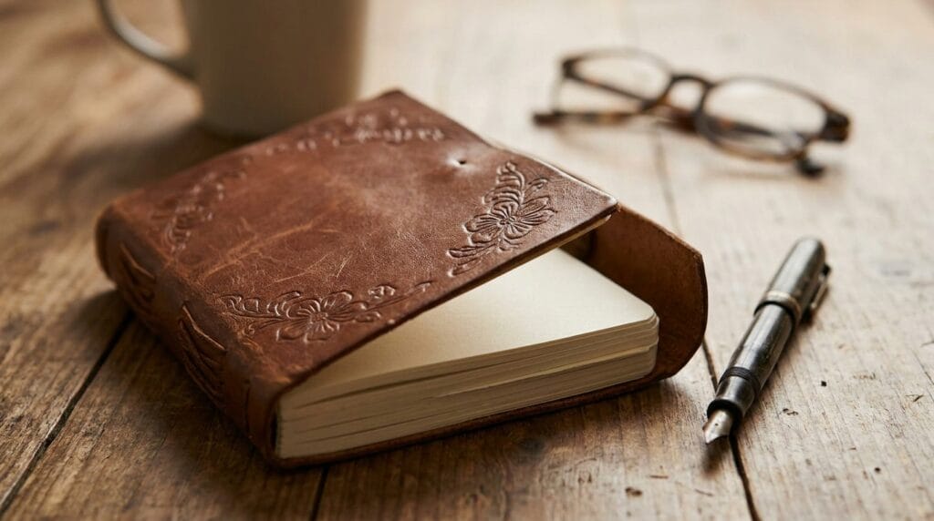 Leather-bound journal with embossed detail lying open on a wooden desk surface