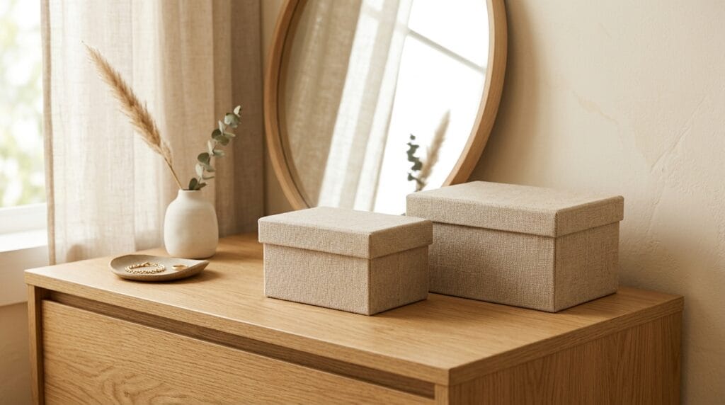 Two small neutral lidded storage boxes placed neatly on a bedroom dresser surface
