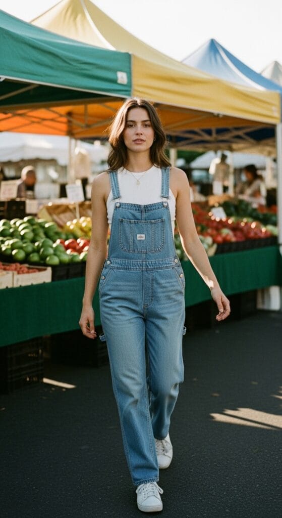9 Denim Overalls Outfit Ideas Women Are Actually Wearing 2 Light wash bib overalls styled with a white ribbed tank, casual summer denim look.