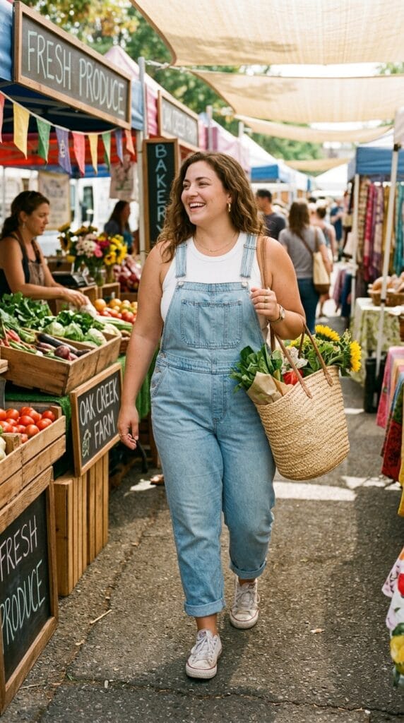 11 Plus Size Overalls Outfits for Casual Summer Days 3 Plus size model in light-wash denim bib overalls outfit with rolled cuffs and sneakers
