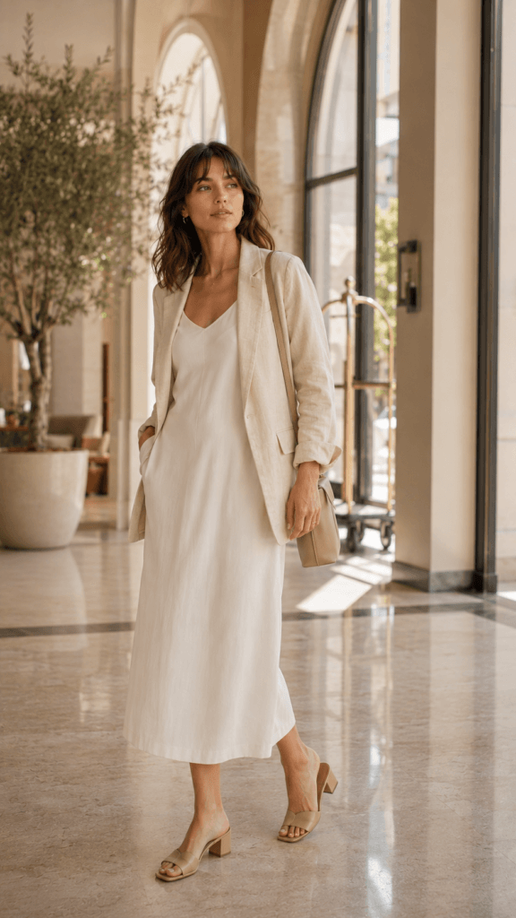 Linen blazer layered over ivory slip dress as a summer work outfit