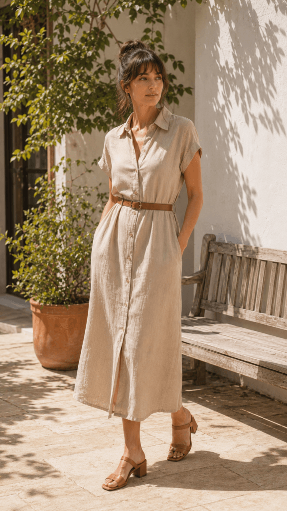 Belted linen button-through dress styled as a summer work outfit