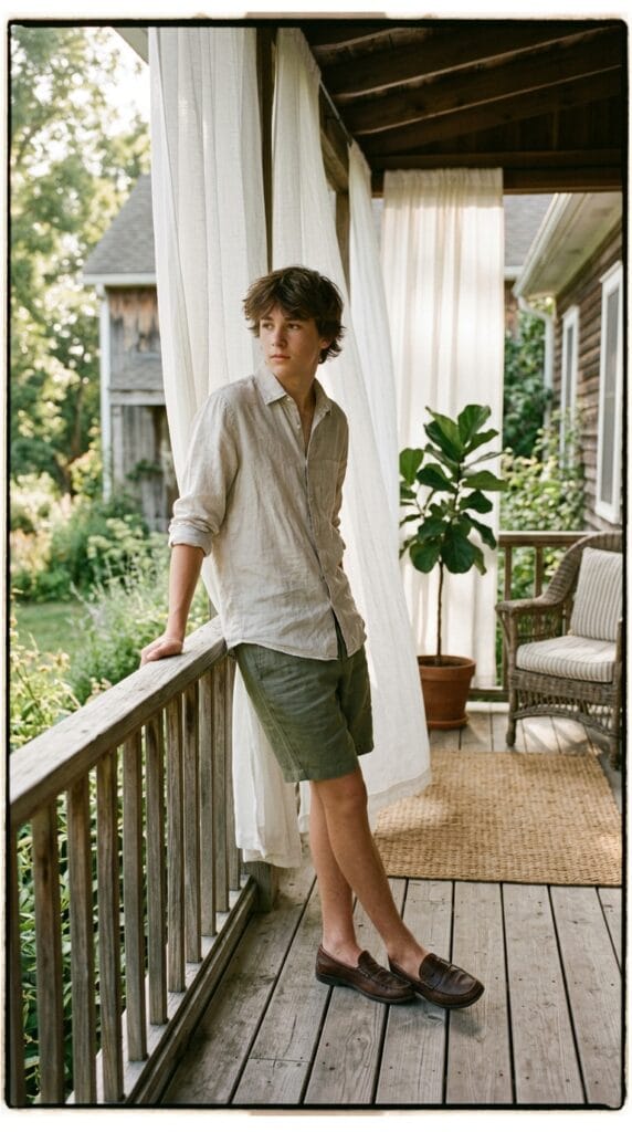 11 Teen Boy Summer Outfits That Are Cool, Casual, and Easy to Wear 2 Teen boy wearing linen button-up shirt with tailored shorts in a casual summer outdoor setting.