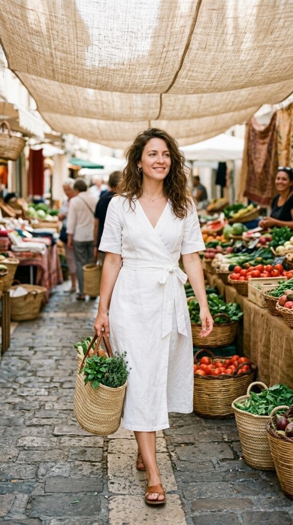 White linen-cotton wrap midi dress with self-tie waist at outdoor market