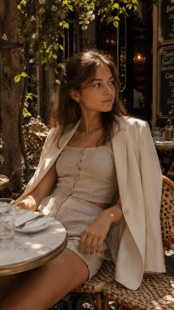 Teen girl in linen shorts set and cream blazer at sunny café terrace