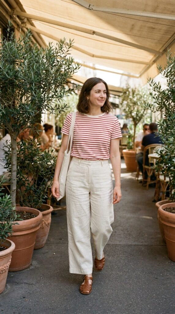 Woman in wide-leg linen trousers and striped tee outside a café, casual world cup outfit.