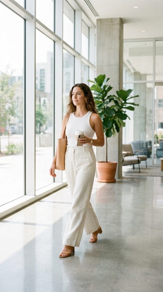 Wide-leg linen trousers and white fitted tank as a polished summer work outfit