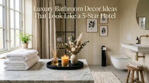 Elegant hotel-inspired bathroom styled with ten luxury decor pieces in soft lighting