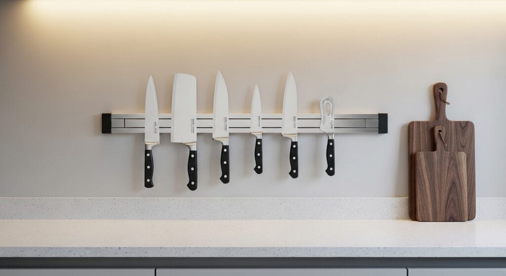Small Kitchen Layout Ideas: The Best Configurations for Tiny Spaces 2 Stainless steel magnetic knife strip mounted neatly on a white kitchen wall above countertop
