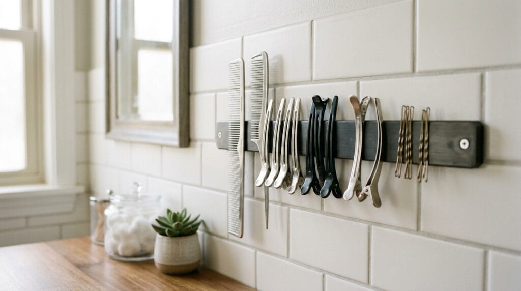 Best Hair Tool Storage Ideas for Your Bathroom (Wall + Drawer) 8 Magnetic wall strip in bathroom holding metal-handled hair accessories and styling clips neatly.