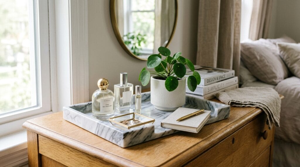 17 Chic Perfume Tray Ideas for a Luxurious Vanity Setup 4 Marble-look rectangular tray with grey veining displayed on a styled bedroom vanity dresser.