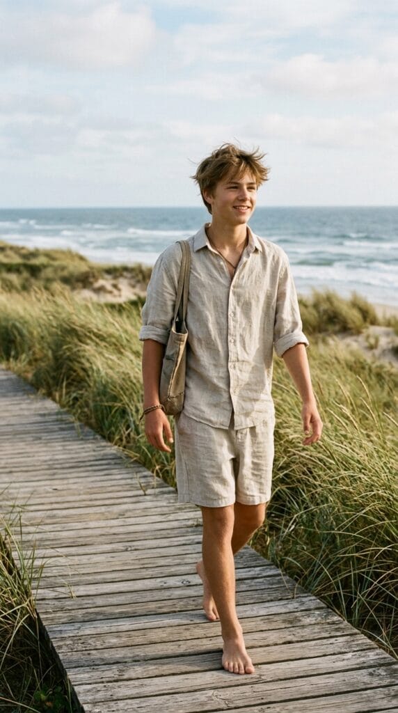 11 Teen Boy Summer Outfits That Are Cool, Casual, and Easy to Wear 9 Teen boy wearing matching linen shirt and shorts set in a casual summer outdoor setting.