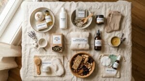 Twelve postpartum care gifts arranged on soft linen with natural light