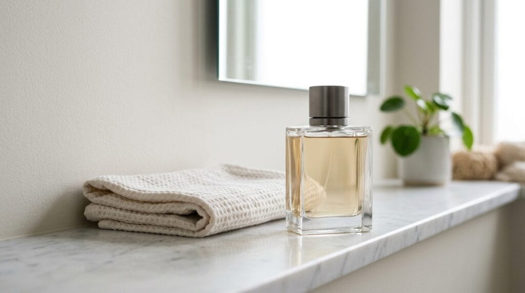 Cheap Father's Day Gift Ideas Under $25 5 Sleek cologne bottle resting on a clean bathroom shelf in soft natural light.
