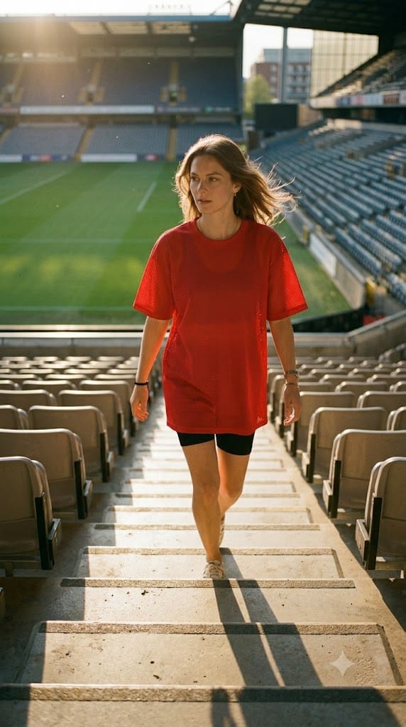 Mesh jersey shift dress worn over bike shorts for stadium stairs and seating.
