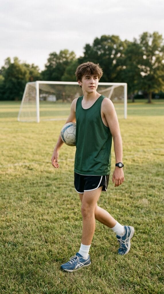11 Teen Boy Summer Outfits That Are Cool, Casual, and Easy to Wear 7 Teen boy wearing mesh tank top with athletic running shorts in a casual summer outdoor setting.