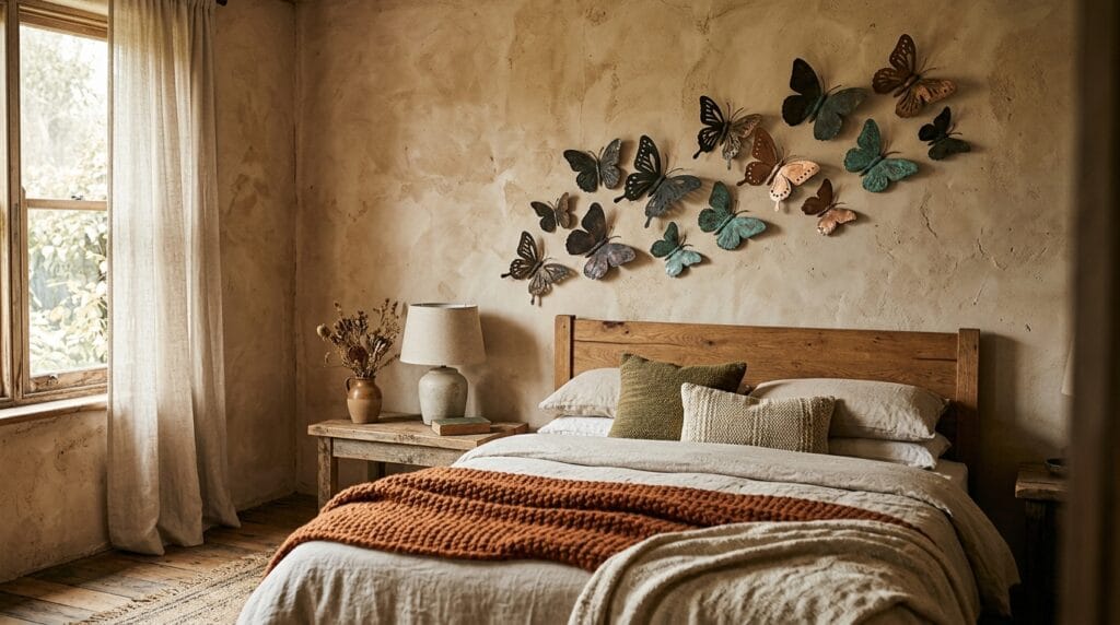 Rustic Bedroom Decor Ideas: Warm, Textured and Inviting 8 Dark metal butterfly wall art clustered on a warm textured rustic bedroom wall.
