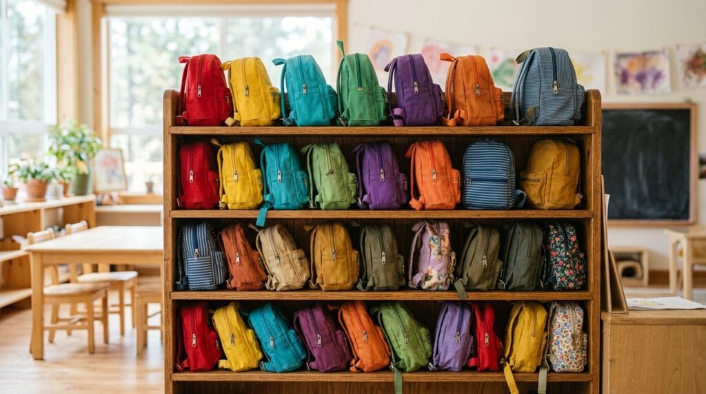 Colorful mini backpacks displayed neatly on shelves inside classroom.