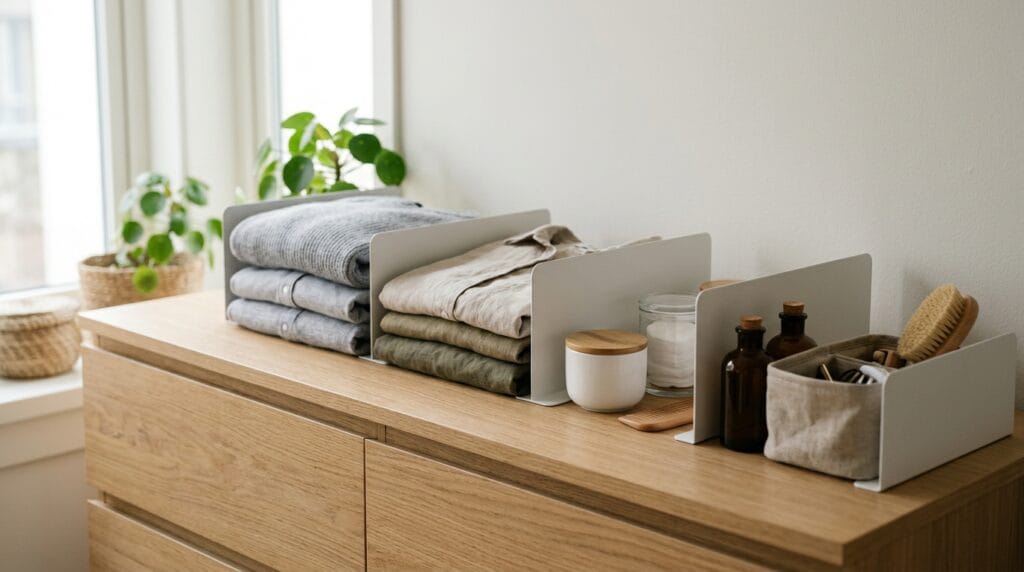 Slim white shelf dividers on a dresser separating stacked items and small containers