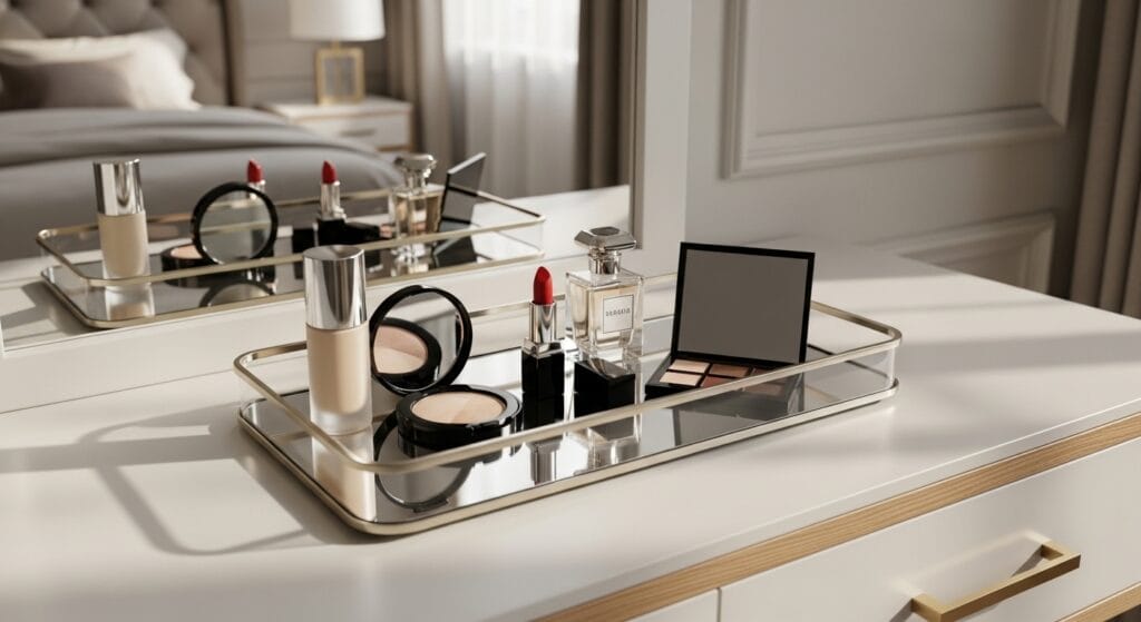 Mirrored organizer tray on vanity dresser holding cosmetics and small accessories neatly.