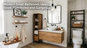 Styled modern small bathroom with shelves, greenery, organizers, and soft lighting