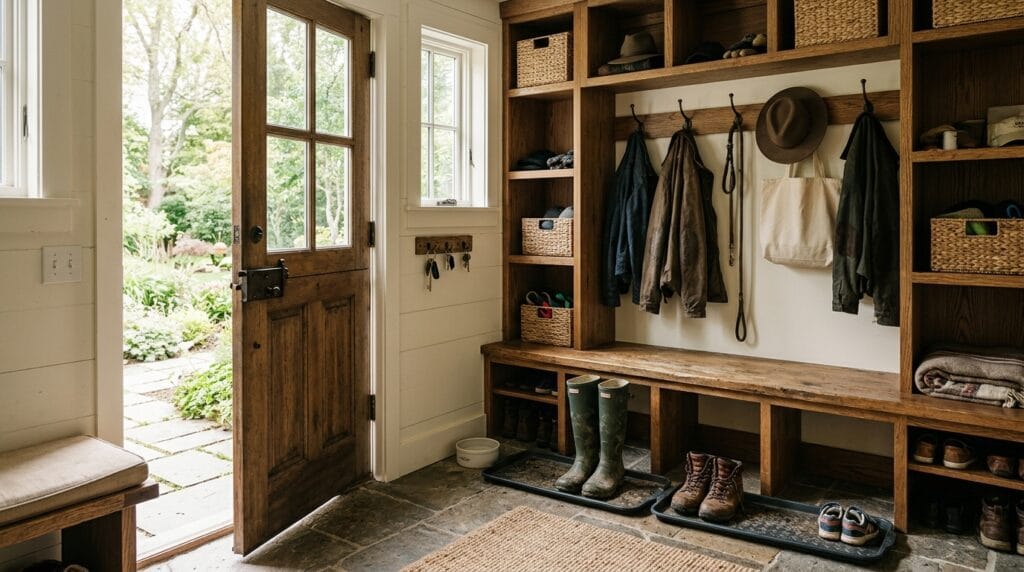 Shoe Storage and Entryway Organization: The Complete Guide 9 Mudroom with open wooden cubbies, built-in bench, and floor trays holding boots and shoes.
