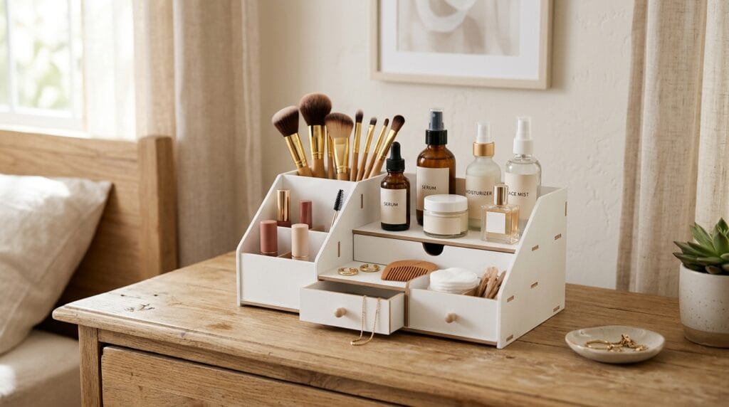 White multi-compartment desk organizer on a dresser holding skincare bottles and makeup brushes
