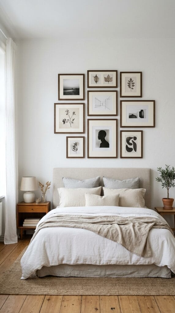 Multi-frame gallery set displayed above a bed on a light neutral bedroom wall