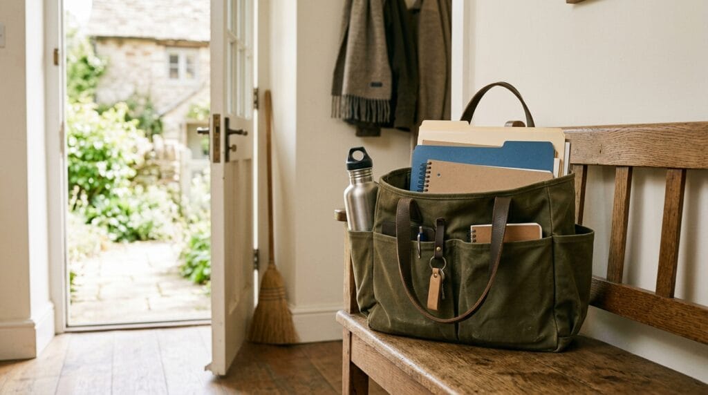 Best Back to School Gifts for Teachers That They Actually Need and Want 9 A multi-pocket tote bag holding folders and a water bottle near a doorway.